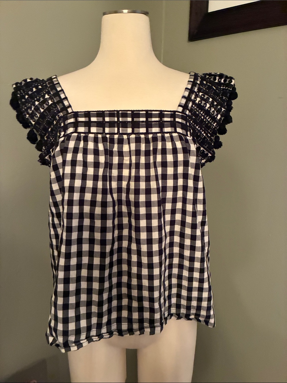 J. Crew Black and White Gingham Smocked Cap-Sleeve Camisole